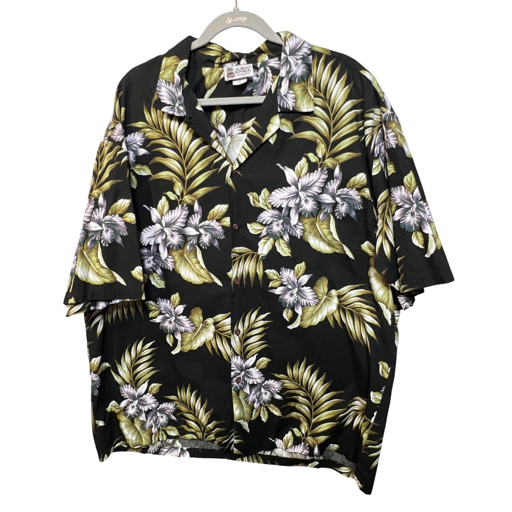 Aloha Republic Mens 2XL Hawaiian Shirt Black Tropical Floral Orchid Hawaii